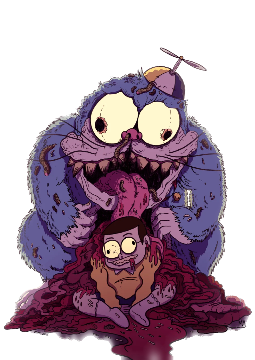 Ilustración de un monstruo y un personaje rodeados de gusanos