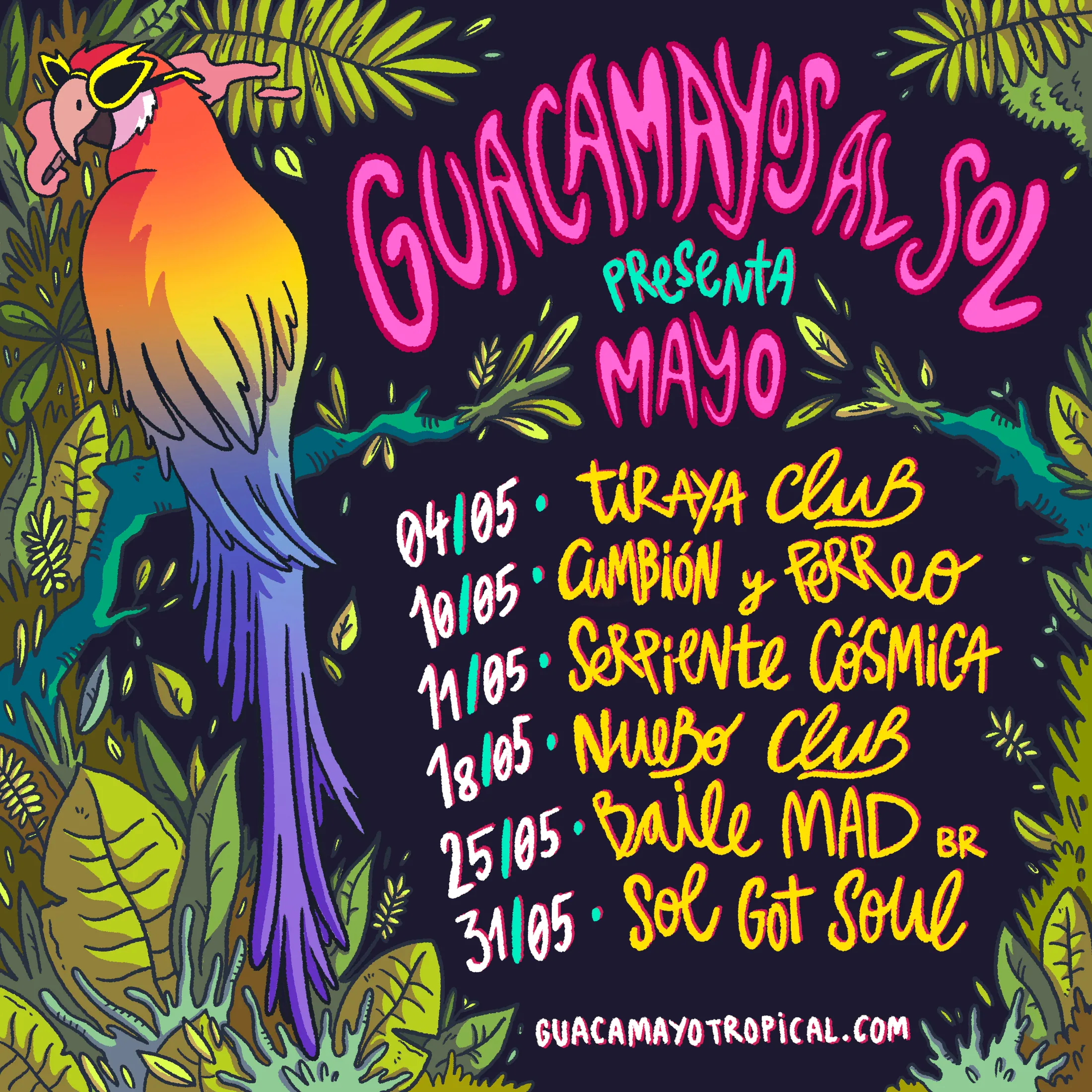 Flyer ilustrado Guacamayos al Sol